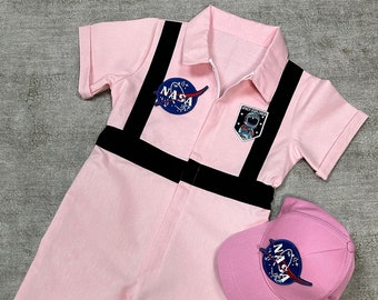 Adorable traje de astronauta rosa personalizado astronauta niños traje de astronauta espacial foto accesorios regalo de cumpleaños Halloween parte traje espacio vestido de niña