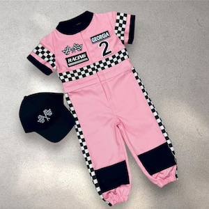 Pink Short Sleeve Custom Personalized Racing Suit - Toddler Race Outfit for Girls - Halloween Costume - Kids Race Car Driver Jumpsuit