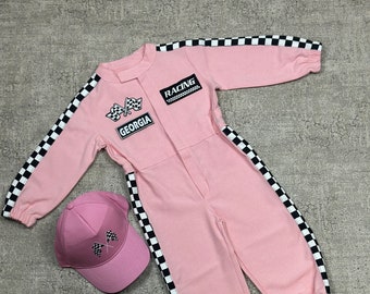 Personalized Pink Racer Long Sleeve Jumpsuit - Two Fast Birthday Suit - Baby Race Outfit - Toddler Race Car Costume - Halloween Costumes