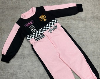 Traje de coche de carreras negro rosa personalizado traje de carreras unisex regalo de cumpleaños rosa negro manga larga mono de carreras niñas disfraz de halloween navidad