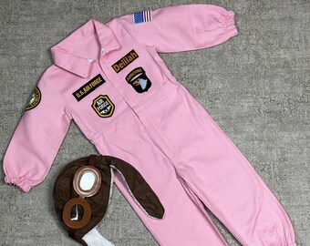 Traje de aviador personalizado rosa claro para niños, casco de piloto aerotransportado, piloto para niños pequeños, piloto de avión de combate, traje de piloto de avión, disfraz de Halloween