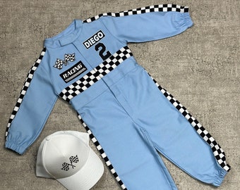 Adorable Long Sleeves Baby Blue Racing Suit - Custom 1st Birthday Outfit - Personalized Unisex Costume - Halloween, Christmas