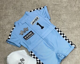 Baby Blue Racing Suit Prop for 1st Birthday - Custom Short Sleeves Shorts - Personalized Unisex Outfit - Halloween, Christmas