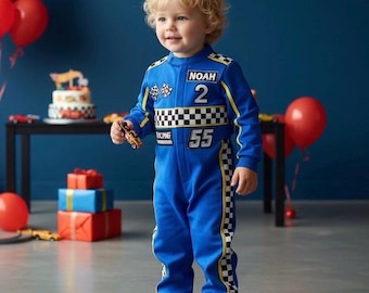 Fast One Birthday Suit - Race Car Birthday Toddler Costume - Kids Racing Jumpsuit - Blue Racer Outfit