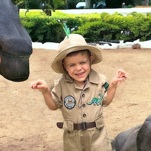 Khaki Fancy Dinosaur Safari Costume for Adventurer Kids - Jurassic Boy Safari Costume - Halloween Baby Safari Outfit - 1st Dinosaur Birthday