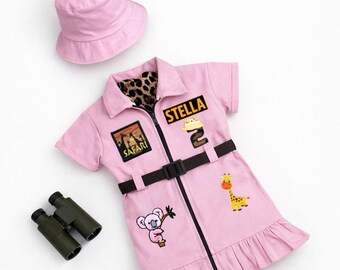 Rosa Safarikostüm für Mädchen - Wild One Geburtstag - Kleinkind Zoowärter Outfit - Personalisiertes Geschenk