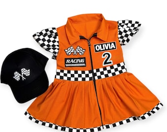 Orange Race Car Birthday Dress for Girls, Custom Kids Racing Outfit, Toddler Halloween Costume