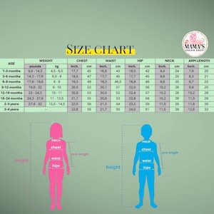 May include: A size chart for children featuring a table with columns for age, weight in pounds and kilograms, and measurements for chest, waist, hip, neck, and arm length in inches and centimeters, alongside pink and blue silhouettes of children.