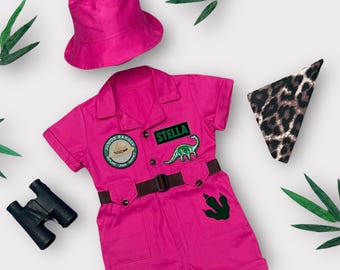 Costume da dinosauro rosa da safari per bambini avventurosi - Vestito da safari per bambini - Costume da compleanno per tre Rex