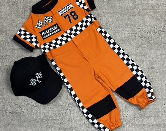 Oranje racepak met korte mouwen, gepersonaliseerde unisex racepak, merklogo's, patches, verjaardagscadeau, rode race-jumpsuit, Thanksgiving-kostuum