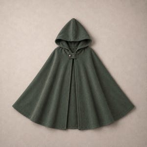 May include: A dark forest green hooded cloak featuring a flared, A-line silhouette that drapes from the shoulders. The garment includes a pointed hood and a single circular metallic button closure at the neck, creating a simple, open-front design.