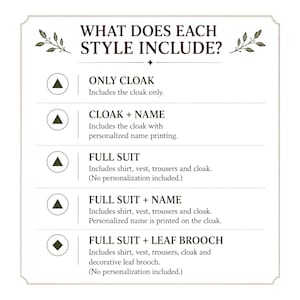 Puede incluir: Una tabla informativa blanca titulada WHAT DOES EACH STYLE INCLUDE? con texto en marr&oacute;n oscuro y gr&aacute;ficos de hojas. Enumera cinco opciones: ONLY CLOAK, CLOAK + NAME, FULL SUIT, FULL SUIT + NAME y FULL SUIT + LEAF BROOCH, detallando el contenido.