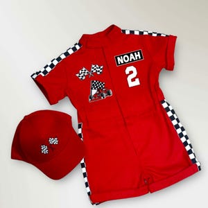 Personalized Red Short Race Car Costume - Kids Racing Jumpsuit - Fast One Birthday Suit - Halloween Costume - Baby Boy Gift