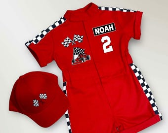 Personalized Red Short Race Car Costume - Kids Racing Jumpsuit - Fast One Birthday Suit - Halloween Costume - Baby Boy Gift
