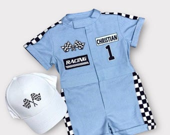 Personalized Blue Racer Short Suit - Two Fast Birthday Race Outfit - Fast One Car Suit - Kids Racing Jumpsuit - Race Car Driver Costume