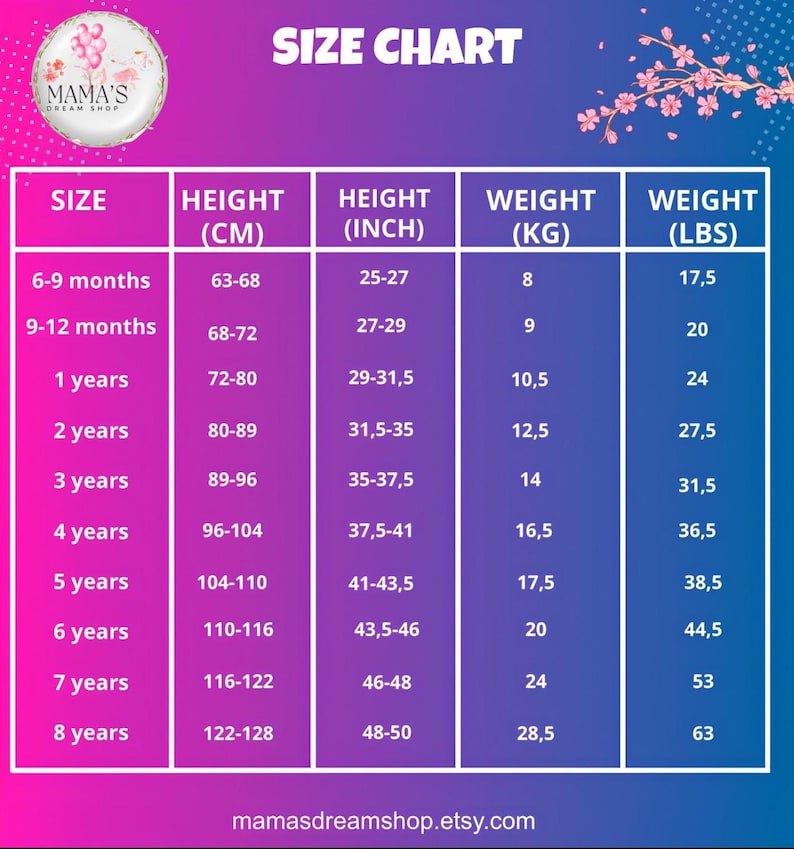 May include: A size chart for children's clothing, featuring measurements in inches and pounds, as well as centimeters and kilograms. The chart includes sizes from 6-9 months to 8 years, with corresponding height and weight information. The shop's logo and website are also visible.