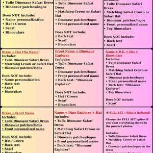 May include: A chart detailing the variations of a children's tulle dinosaur safari dress, including options with hats, binoculars, and personalized names. The chart lists what each option includes and excludes.