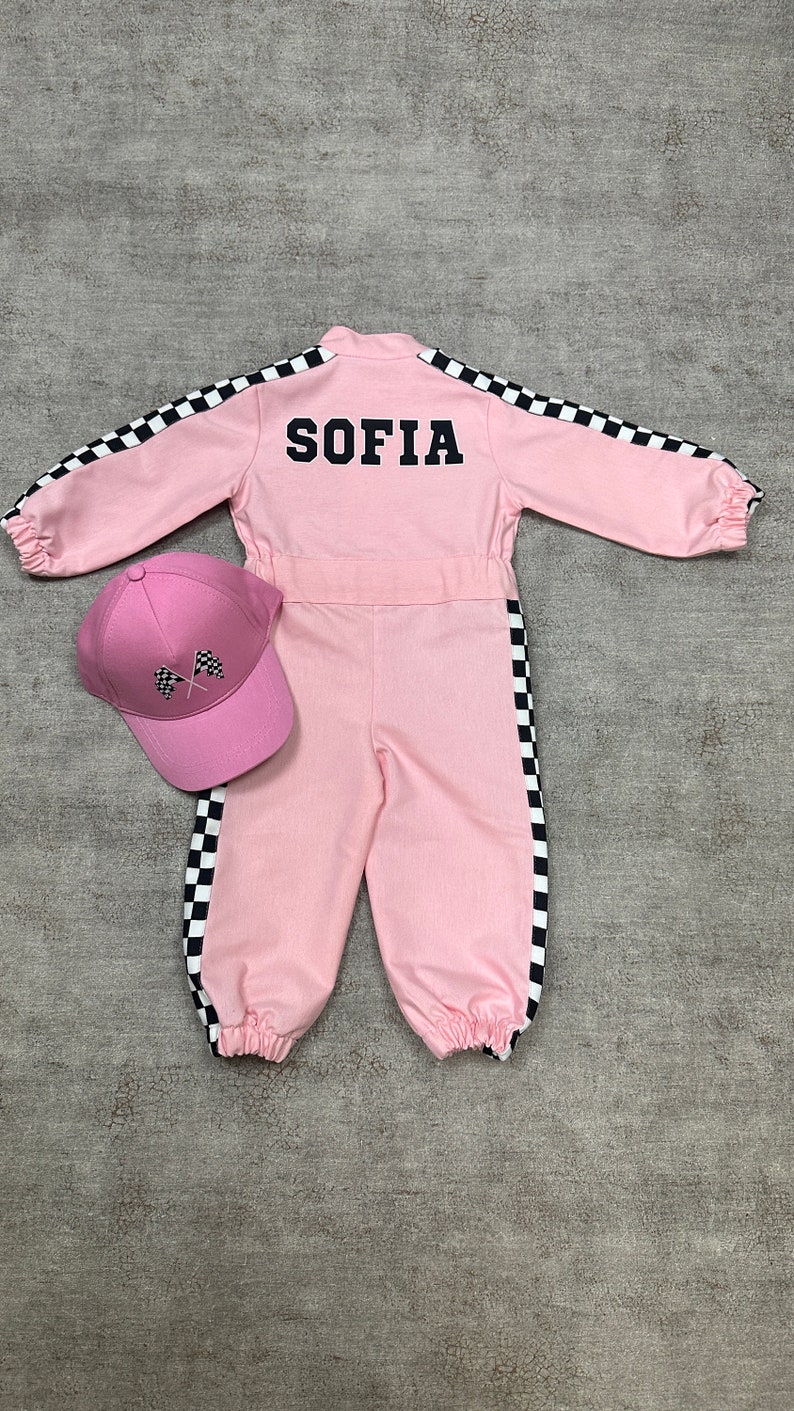 Personalized Pink Racer Long Sleeve Jumpsuit Two Fast Birthday Suit Baby Race Outfit Toddler Race Car Costume Halloween Costumes 画像 2