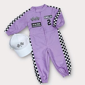 Custome Lilac Kids Racer Long Sleeve Jumpsuit - Personalized Baby Racer Suit - 1st Birthday Racing Outfit - Halloween Costumes - Drag Race