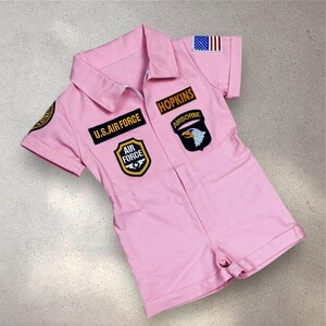 Personalized Pink Pilot Outfit for Girls - Kids Aviator Costume - Air Fighter Jet Pilot Short Overalls - Halloween Costume - Baby Pilot