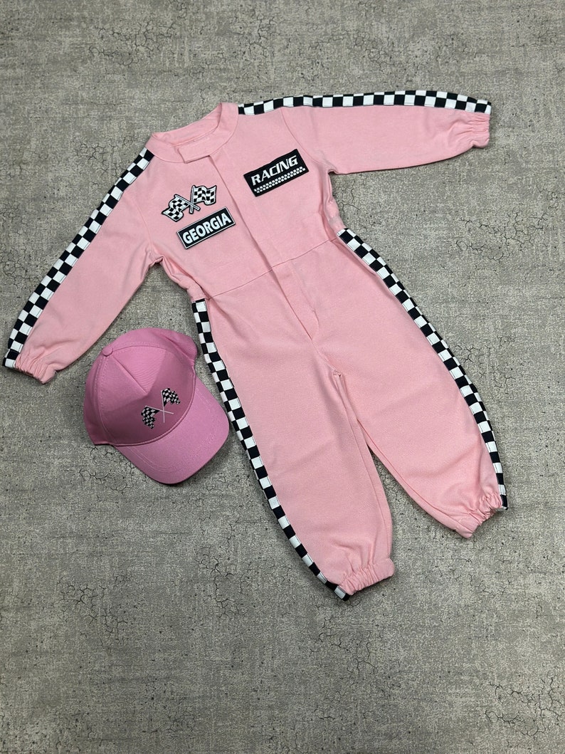 Personalized Pink Racer Long Sleeve Jumpsuit Two Fast Birthday Suit Baby Race Outfit Toddler Race Car Costume Halloween Costumes 画像 1