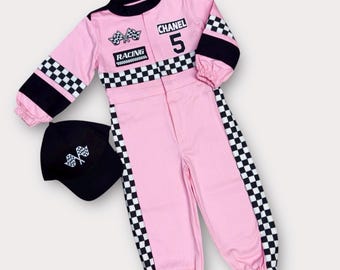 Pink Race Car Outfit - Kids Racing Jumpsuit - Fast One Birthday Suit - Halloween Costume