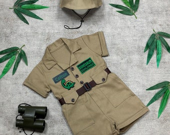 Traje de safari de dinosaurio bebé Disfraz de safari elegante para niños - Disfraz de fiesta de cumpleaños de dinosaurio Concepto de aventura de safari Accesorios para fotos Disfraz de Halloween