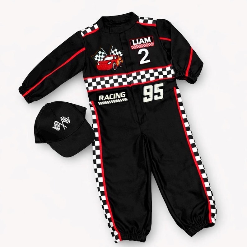 Traje de cumpleaños de Fast One - Traje de cumpleaños de coche de carreras para niños pequeños - Mono de carreras para niños - Traje de corredor negro imagen 1