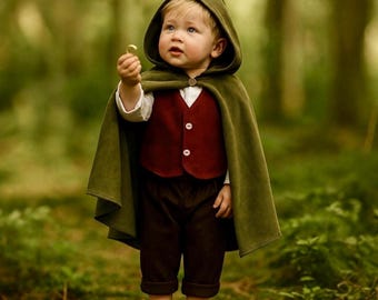 Traje medieval para niños pequeños - Traje de portador de anillos para bebé - Capa verde - Disfraz de Halloween