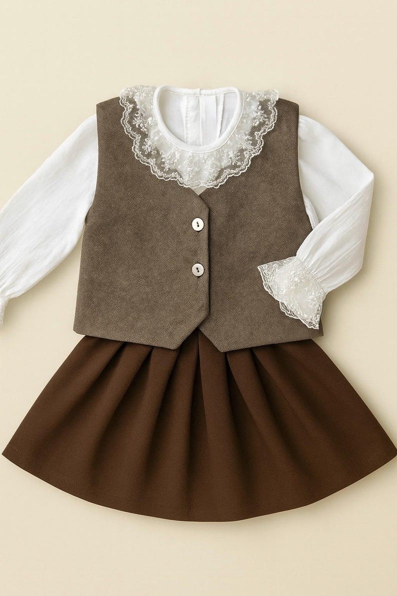 May include: A child's three-piece outfit comprising a white blouse with lace collar and cuffs, a brown waistcoat with two buttons, and a brown pleated skirt. The ensemble is designed for a young child.