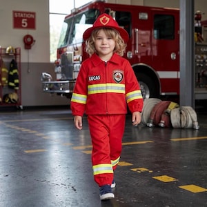 May include: A red firefighter costume set consisting of a long-sleeved jacket with a zip, matching trousers, and a helmet. The jacket features yellow reflective stripes, a badge with the text FIREMAN, and a name tag with the text LUCAS.