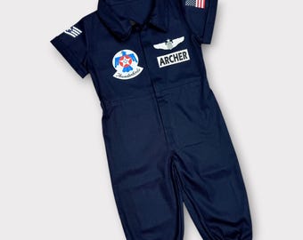 Personalized Kids Pilot Flight Suit – Thunderbirds Inspired Navy Blue Aviator Costume - Millitary Uniform