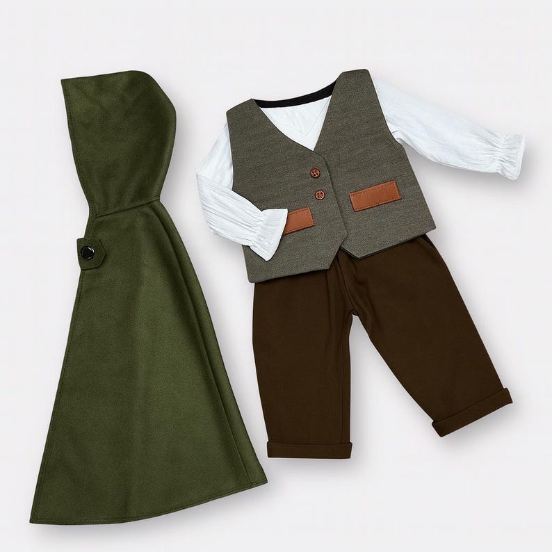 May include: A set consisting of a dark olive green hooded cloak with a black button, a white long-sleeved shirt, a grey vest with two brown faux leather pocket accents and two buttons, and solid dark brown trousers with cuffed hems.