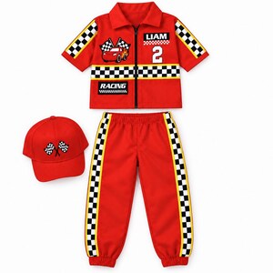 May include: A red racing-themed outfit consisting of a short-sleeved collared zip-up jacket, matching pants, and a baseball cap. The jacket features a checkered pattern, a race car graphic, the name LIAM, the number 2, and the word RACING.