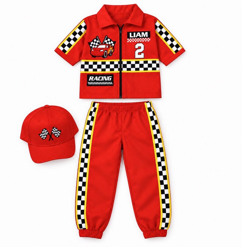 May include: A red racing-themed outfit consisting of a short-sleeved collared zip-up jacket, matching pants, and a baseball cap. The jacket features a checkered pattern, a race car graphic, the name LIAM, the number 2, and the word RACING.