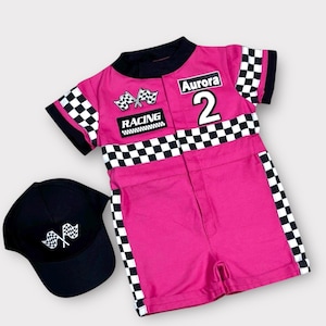 Pink Baby Race Outfit for Girls - Fast One Birthday Suit - Race Car Birthday Toddler Costume - Kids Racing Jumpsuit - Halloween Costume