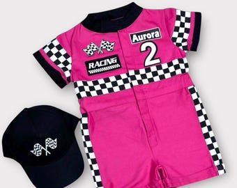 Pink Racer Outfit for Girls - Fast One Birthday Suit - Race Car Birthday Toddler Costume