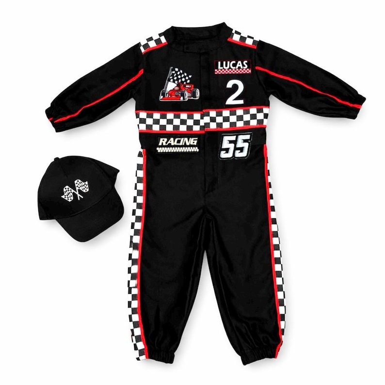 Traje de cumpleaños de Fast One - Traje de cumpleaños de coche de carreras para niños pequeños - Mono de carreras para niños - Traje de corredor negro imagen 4