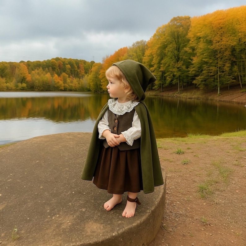 May include: A child in a green hooded cape, brown skirt, and vest stands by a lake. The outfit includes a white blouse with lace trim. The background shows a lake and trees with autumn foliage.