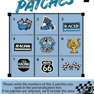May include: A grid of nine embroidered patches featuring racing themes, including a blue car, checkered flags, a trophy, and a Route 66 sign. The text reads RACER PATCHES, RACER, RACING, PISTON RACING, the best, Team RACING, and ROUTE 66.