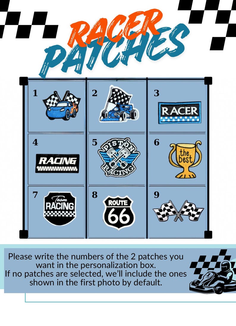 May include: A grid of nine embroidered patches featuring racing themes, including a blue car, checkered flags, a trophy, and a Route 66 sign. The text reads RACER PATCHES, RACER, RACING, PISTON RACING, the best, Team RACING, and ROUTE 66.
