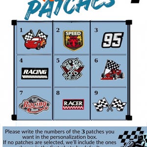 May include: A collection of nine embroidered racing-themed patches arranged in a grid, labeled 1 through 9. Designs include a red car, a speed shield, the number 95, racing text, piston emblems, a race car, and checkered flags on a light blue background.
