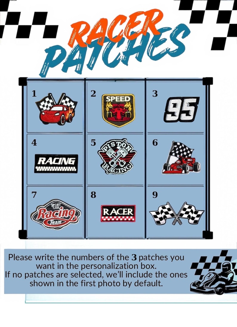 May include: A collection of nine embroidered racing-themed patches arranged in a grid, labeled 1 through 9. Designs include a red car, a speed shield, the number 95, racing text, piston emblems, a race car, and checkered flags on a light blue background.