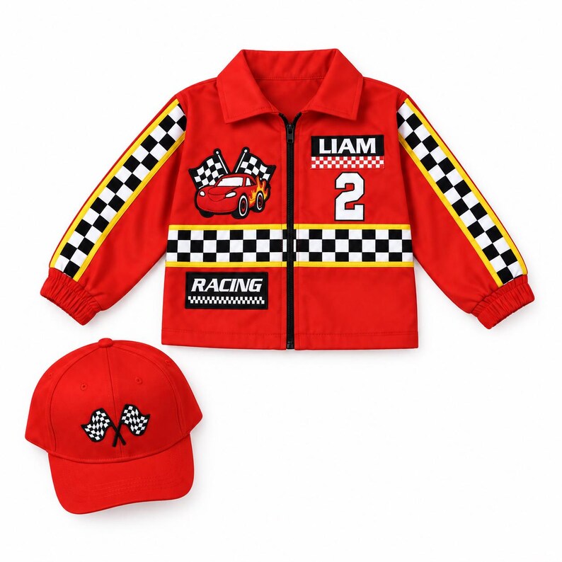 May include: A red zip-up jacket with a collar, featuring black and white checkered stripes on the sleeves and torso, a race car graphic, the name LIAM, the number 2, and the word RACING. A matching red baseball cap with two checkered flags.