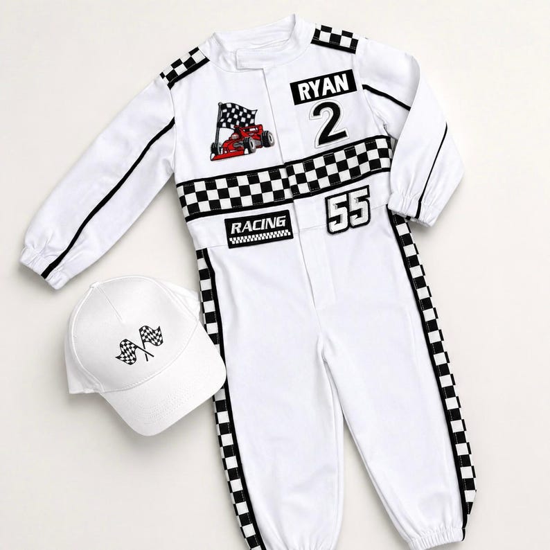 May include: A white racing jumpsuit with long sleeves, elastic cuffs, and a black and white checkered pattern along the sides and chest. It features the text RYAN, RACING, and the numbers 2 and 55, plus a red race car graphic. A matching white baseball cap with two crossed checkered flags is included.
