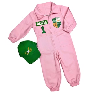 Roze gepersonaliseerde golfjumpsuit voor meisjes, caddy-outfit voor kinderen, hole-in-one verjaardagskostuum