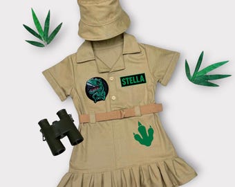Vestito da esploratrice di dinosauri per bambine, completo safari per compleanno, costume da dinosauro selvaggio, vestito safari kaki per bambina