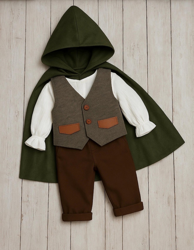 May include: A dark green hooded cape worn over a white long-sleeved shirt with ruffled cuffs, a brown vest featuring two brown buttons and two tan pocket flaps, and solid brown trousers with cuffed hems, arranged as a complete outfit set.