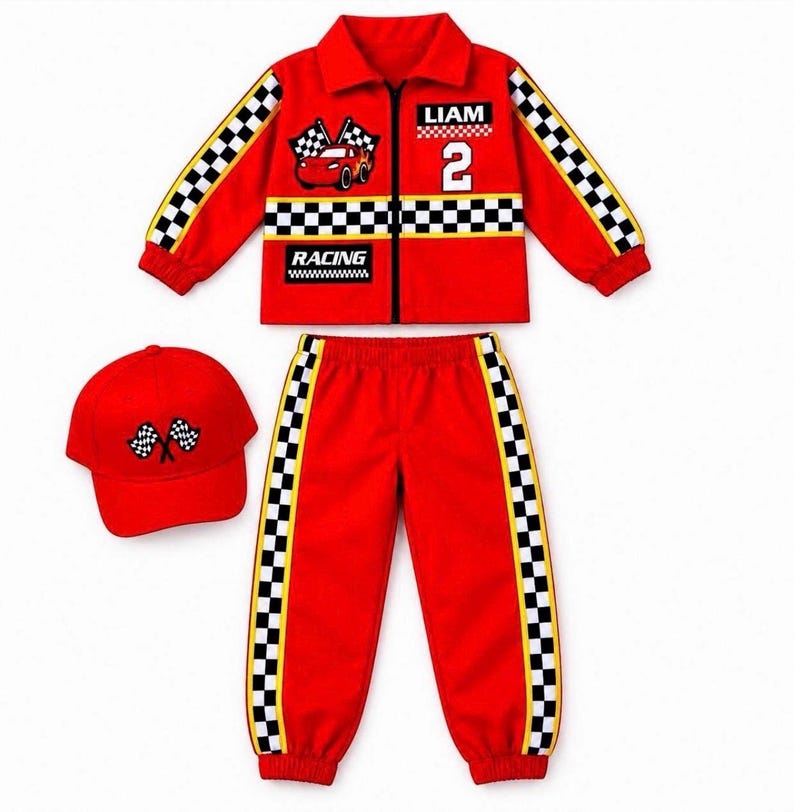 May include: A red racing-themed outfit consisting of a long-sleeve zip-up jacket, matching pants, and a baseball cap. The jacket features a black and white checkered stripe, a red car graphic, the name LIAM, the number 2, and the text RACING.