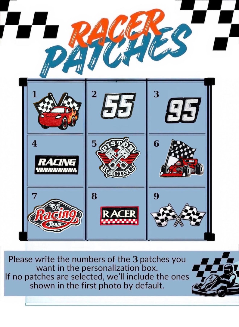 Puede incluir: Una colecci&oacute;n de nueve parches de carreras con varios dise&ntilde;os, incluyendo un coche de carreras rojo, el n&uacute;mero 55 y banderas a cuadros. Los parches se muestran sobre un fondo azul claro, con la palabra "RACER PATCHES" en la parte superior.